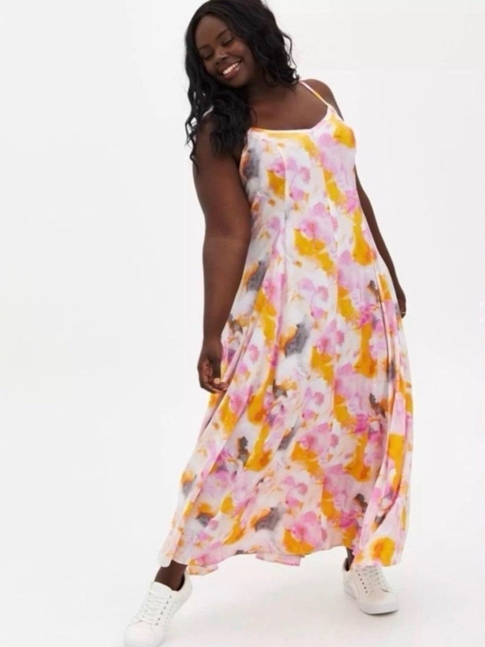 torrid Watercolor Tie-Dye Challis Trapeze Pink, Yellow & White Maxi Dress